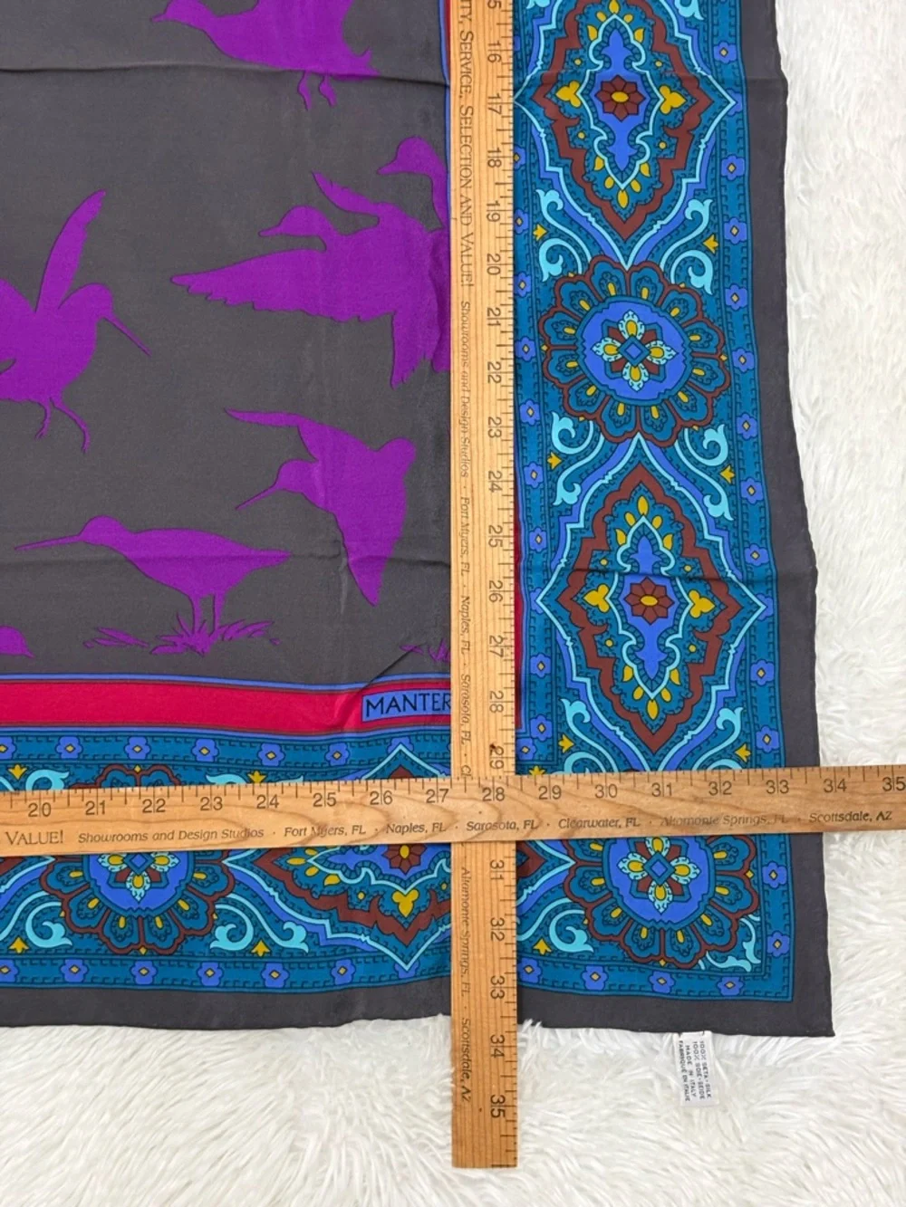 Mantero Multicolor Silk-Feel Square Scarf — Teal, Purple & Red Accents